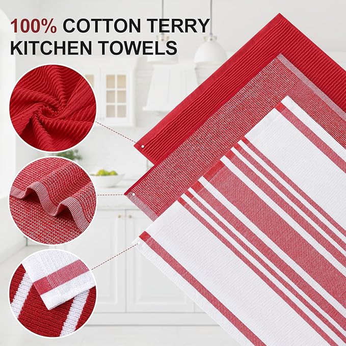 Homaxy Premium Kitchen Towels(18”x 28”, 12 Pack), Large Cotton 380 GSM Kitchen Hand Towels, Soft and Absorbent Terry Dish Towels, Multipurpose Tea Towel Set with Hanging Loop, Red