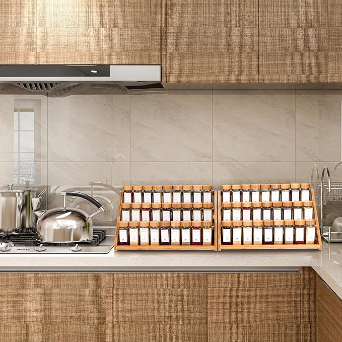 Bamboo Tiered Spice Rack, for Countertop Spice Organizer for Pantry Spice Shelf Organizer Kitchen Spices Rack，Cabinet spice rack，Cabinet seasoning rack