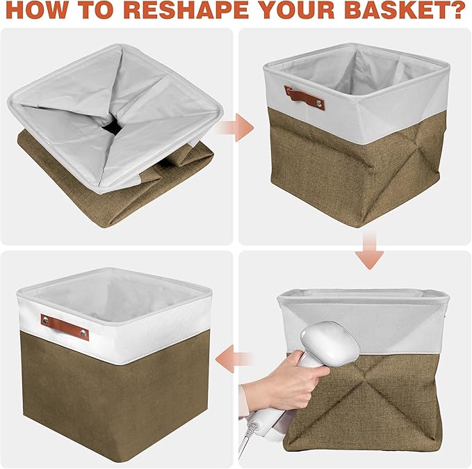 13in Open Fabric Storage Basket with Leather Handles for Organizing, Collapsible Linen Closet Bins for Shelves, Closets, Laundry, Decorative Basket for Gifts. (White＆Brown, 3PCS/13x13in)