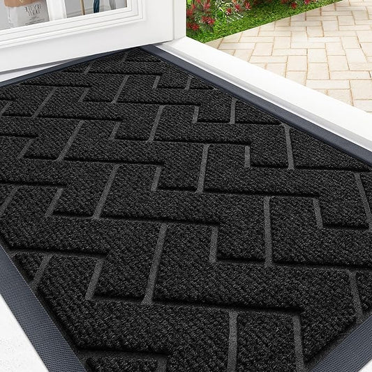 OLANLY Front Door Mat Indoor Outdoor Entrance, Waterproof All-Season, All-Weather Doormat, Sturdy Natural Rubber, Easy Clean Patio Porch Entryway Mat, Herringbone Brick (Jet Black, 29.5x17)
