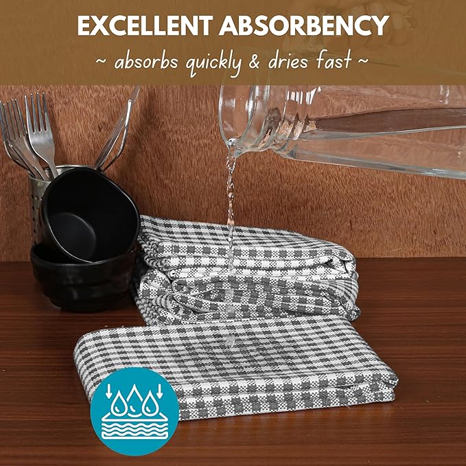Native Fab 12 Pack Gingham Mini Check Kitchen Dish Towel Cotton Durable Washable 16"x26" - Tea Towels, Soft Absorbent Wash Cloths, Multi Purpose Towels with Hanging Loop - Grey White