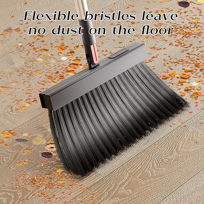 Broom with Dustpan Combo Set 50” Adjustable Long Handle 180 Degree Rotating Broom Set with Comb Teeth Upright Standing Dust Pan for Home Room Kitchen