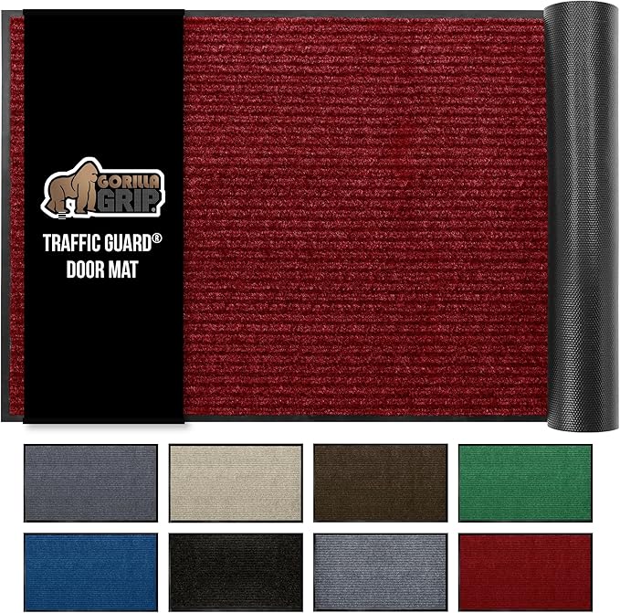 GORILLA GRIP Traffic Guard Door Mat, Heavy Duty Welcome Mats, Commercial Office Space Doormat, Waterproof, Fade Resistant, Strong Rubber Backing, Low Profile, Shoe and Boot Scraper, 35x23, Red