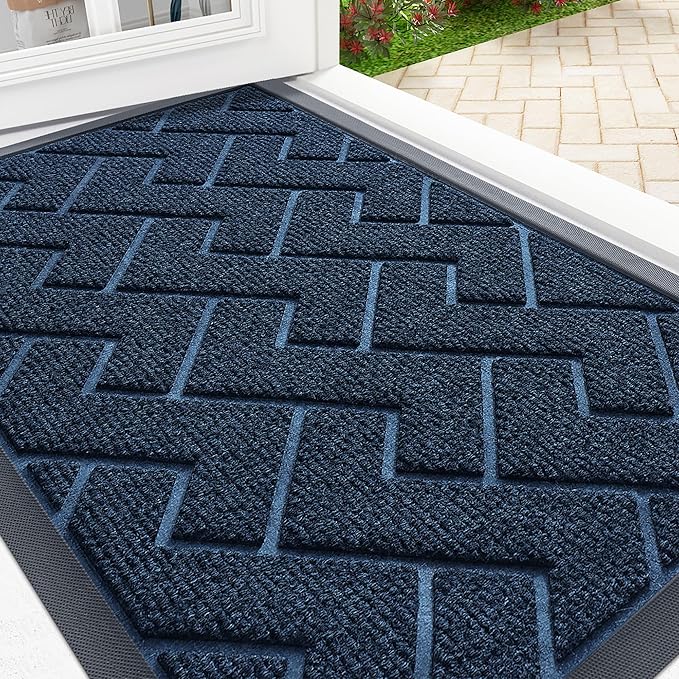 OLANLY Front Door Mat Indoor Outdoor Entrance, Waterproof All-Season, All-Weather Doormat, Sturdy Natural Rubber, Low Profile, Easy Clean Patio Porch Entryway Mat, Herringbone Brick (Blue, 47x23)