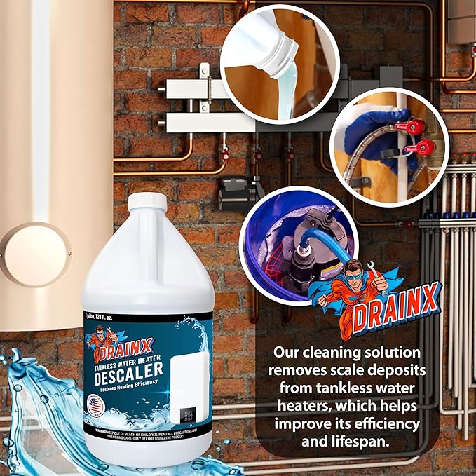DrainX Tankless Water Heater Descaling Solution | Highly Effective Descaler Restores Heating Efficiency, Gallon, 128 fl oz