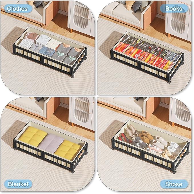 efluky 2-Pack Bamboo Under Bed Storage with Wheels, Rolling UnderBed Storage Basket with Large Dust Bag, Under Bed Storage Containers for Bedroom, Dorm and Basement, Black