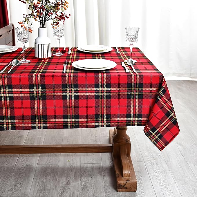 Red GinghamTartan Christmas Plaid Tablecloth - Rectangular 58x102 Inch Water Resistant Table Cloth for Indoor/Outdoor Use - Holiday Table Cover for Kitchen, Picnics, and Parties