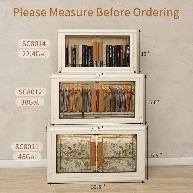 Plastic Stackable Storage Bins with Lids and Wheels, Foldable Closet Organizers and Storage Containers for Bathroom, Collapsible Clear Drawer Storage Cabinet with Doors White 45Gal 4Tiers