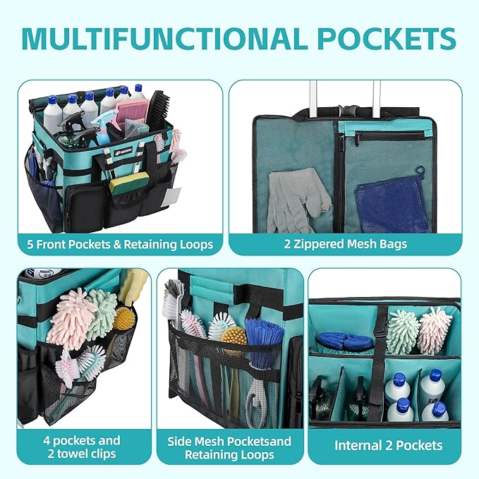 Rolling Cleaning Caddy Bag with Wheels, Large Cleaning Cart Detachable Trolley, Cleaning Bags for Housekeepers With Shoulder Strap & Multi Pockets for Cleaning Tools Storage (Amber Green)