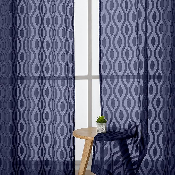 Aiyufeng Navy Blue Sheer Curtains Tiers 36 Inch Length, Light Filtering Soft Airy Wavy Line Jacquard Textured Short Curtain for Bedroom Bathroom Basement, Dual Rod Pocket, 2 Panels, 40" Wx36 L Inch