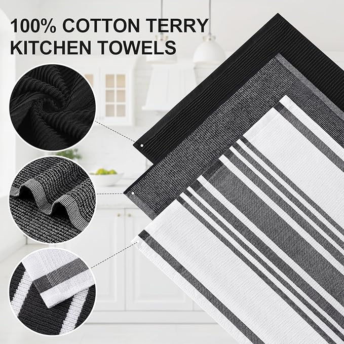 Homaxy Premium Kitchen Towels(18”x 28”, 3 Pack), Large Cotton 380 GSM Kitchen Hand Towels, Soft and Absorbent Terry Dish Towels, Multipurpose Tea Towel Set with Hanging Loop, Black