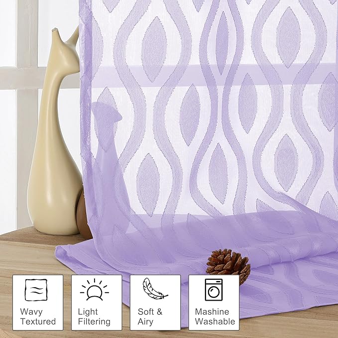 Aiyufeng Light Purple Valances for Windows, Chic Wavy Line Clip Jacquard Voile Sheer Small Window Curtain for Basement, Lightweight Rod Pocket Short Curtains for Windows, 2 PCS, 40Wx14L Inches