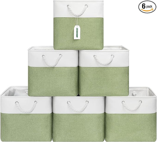 13x13 Inch Cube Storage Bins with Reinforced Bottom Cardboard, 6 Pack Large Collapsible Fabric Storage Cubes with Handles for Shelf, Closet, Toy, Laundry Organization (White&Green)