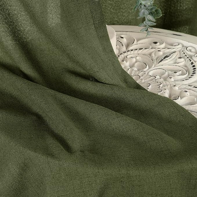 YoungsTex Olive Green Linen Curtains 40 Inch Length for Kitchen Window, Short Semi Sheer Drapes Textured Light Filtering with Rod Pocket Back Tab for Cafe Bathroom, 2 Panels, 42 X 40 Inch