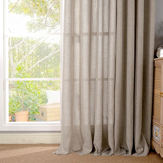 YoungsTex Dark Oatmeal Linen Curtains 63 Inch Length for Living Room, Light Filtering Semi Sheer Window Drapes Rod Pocket Back Tab Curtain for Bedroom, 2 Panels, 42 X 63 Inch