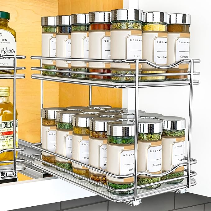 LYNK PROFESSIONAL® Pull Out Spice Rack Organizer for Inside Kitchen Cabinets - 6-1/4 inch Wide - Slide Out Drawer – Chrome Sliding Spice Cabinet Organization Shelf Racks - 2 Tier
