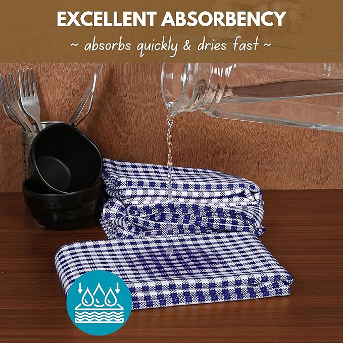 Native Fab 12 Pack Gingham Mini Check Kitchen Dish Towel Cotton Durable Washable 16"x26" - Tea Towels, Soft Absorbent Cleaning Towels, Hand Towel with Hanging Loop - Blue White