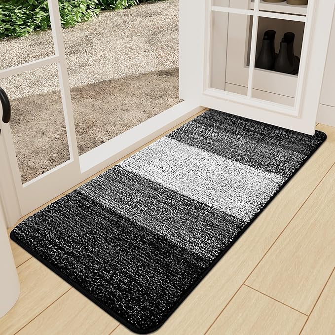 Kitinjoy Indoor Outdoor Door Mat, 47x24 Non-Slip Absorbent Dirt Trapper, Low-Profile Washable Inside Entrance Front Floor Mat, Sturdy Soft Entry Doormats for Entryway, Black