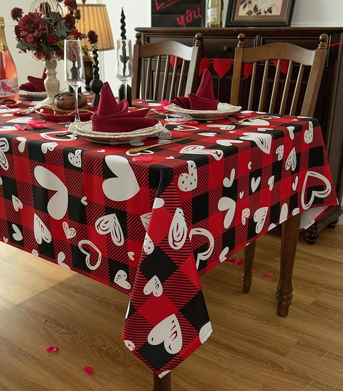 Waterproof Checkered Tablecloth Fabric - Rectangle 58x84 Inch Happy Valentine Table Cloth for Indoor/Outdoor Use - Red Checkered Table Cover for Kitchen, Dinner, and Parties