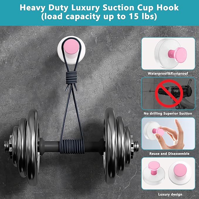 Suction Cup Hooks for Shower,Removable No Drill Towel Hooks,Upgraded 15 lbs Strong Suction hooks for Bathroom Tile,Shower Wall,Glass Door,Kitchen-Loofah,Coat,Stainless Waterproof-White Pink 4 Pcs