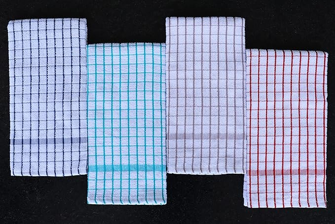 AMOUR INFINI Kitchen Towels Set of 4 - Highly Absorbent, Super Soft Terry Cotton 20x28 Inch Dish Towels with Hanging Loop - Hand & Tea Towels for Cleaning & Drying Dishes (Ass- Blue)