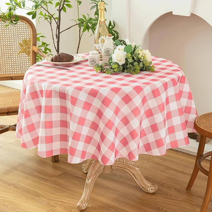 Waterproof Plaid Tablecloth Fabric - Round 58 Inch Classic Gingham Checker Table Cloth for Indoor/Outdoor Use - Buffalo Table Cover for Picnics, BBQs, and Parties