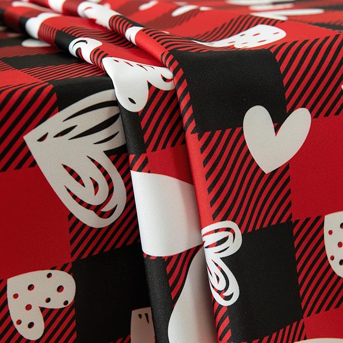 Red Gingham Plaid Love Heart Tablecloth - Valentines Day Rectangular 58x102 Inch Water Resistant Table Cloth for Indoor/Outdoor Use - Holiday Table Cover for Kitchen, Picnics, and Parties
