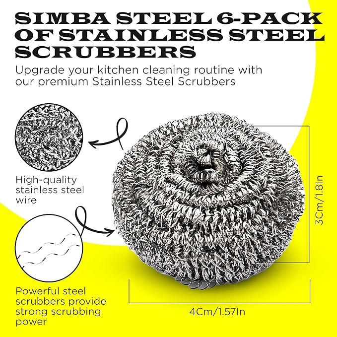 6 Pcs Simba Stainless Steel Wool Scrubber Pads for Cleaning Pans, Pots, Dishes, Ovens, Grills, Sinks, Bathroom and Kitchen, Scourer 6 Pack