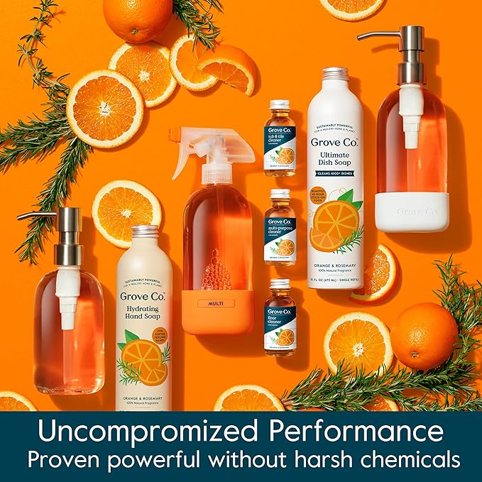 Grove Co. Floor Cleaner Refill Concentrate (6 x 1 Fl Oz) Plant-based Household Cleaning Supplies, Ammonia & Chlorine Free, No Plastic Waste, 100% Natural Orange & Rosemary Scent, 3 x 2 Pack Refills