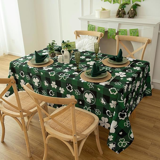 Gingham St Patricks Day Tablecloth Fabric - Oblong 58x120 Water Resistant Irish Plaid Table Cloth for Indoor/Outdoor Use - Lucky Clover Decorations Perfect for Birthday, Picnics, Gardens