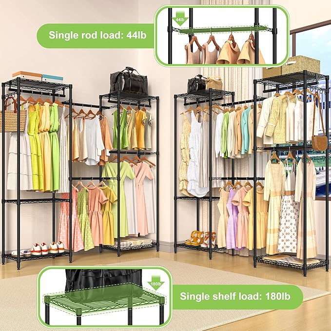 Heavy Duty Clothes Rack, Freestanding Garment Rack System Closet Organizer for Hanging Clothes, Metal Wire Clothing Rack with 5 Shelves & 5 Rods,Adjustable Wardrobe Shelf,Black