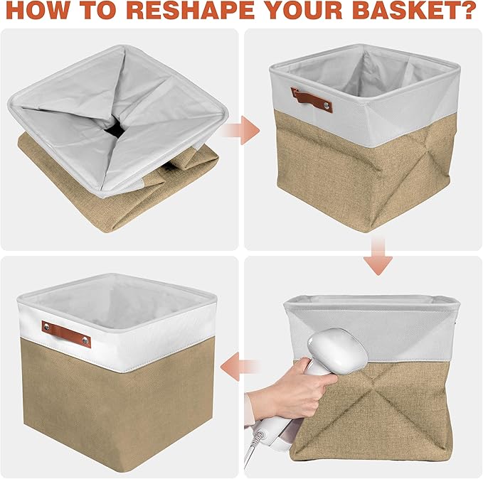 11in Open Fabric Storage Basket with Leather Handles for Organizing, Collapsible Linen Closet Bins for Shelves, Closets, Laundry, Decorative Basket for Gifts. (White＆Khaki, 3PCS/11x11in)