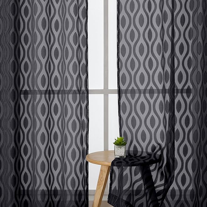 Aiyufeng Black Sheer Curtains 63 Inch Length 2 Panels Set, Solid Airy Light Filtering Voile for Bedroom Living Room, Modern Wavy Line Privacy Farmhouse Curtains, 40" W X 63" L