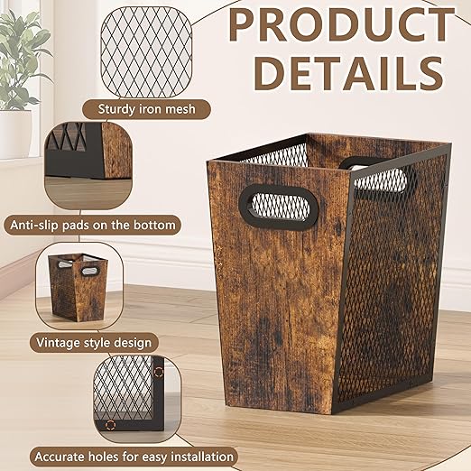 Piskyet Rustic Office Trash Can for Near Desk,7 Gallon Unique Wood Bedroom Garbage Can,Vintage Wastebasket with Handle, Decorative Trash Can for Home Office,2pack 12.2"L x 9.6"W x 14.9"H,Rustic Brown