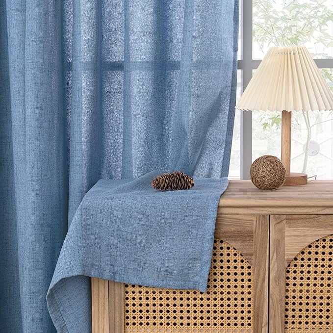 YoungsTex Denim Blue Linen Curtains 40 Inch Length for Bathroom Window, Small Drapes with Rod Pocket Back Tab Light Filtering Coastal for Cafe Kitchen Window Over Sink, 2 Panels, 30 X 40 Inch