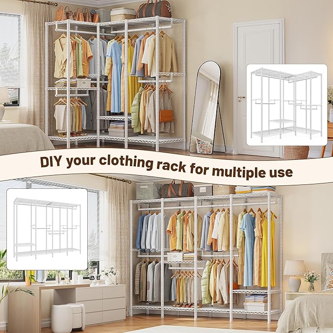 Raybee 76.9" H Clothes Rack Heavy Duty Loads 1100 LBS Metal Clothing Racks for Hanging Clothes Adjustable Garment Rack White,75.8" W*17.7" D*76.9" H