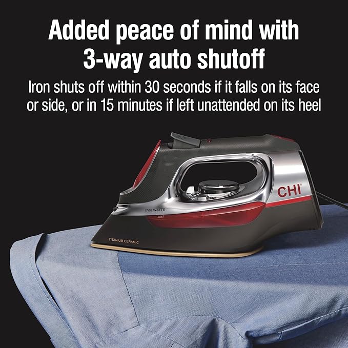 CHI Steam Iron for Clothes with 8’ Retractable Cord, 1700 Watts, 3-Way Auto Shutoff, 400+ Holes, Professional Grade, Temperature Control Dial, Titanium Infused Ceramic Soleplate, Silver (13106)