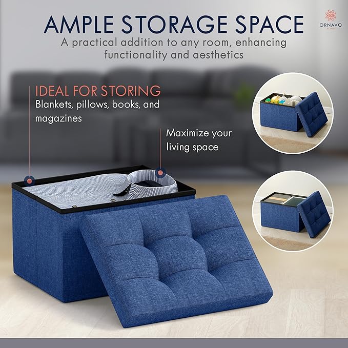 Ornavo Home Small Storage Ottoman, Set of 2, Foldable Collapsible Rectangle Linen Ottoman Foot Rest Stool Seat, for Living Room, Bedroom, Home Office, Dorm - 12 x 16 x 12, Navy Blue