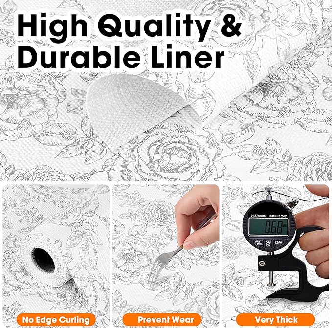 Drawer and Shelf Liner for Kitchen Cabinets Non-Adhesive, Non-Slip Cabinet Liner Shelf Paper Strong Grip Waterproof Easy to Clean for Kitchen Shelves Cupboard, Flower,12IN X 10FT