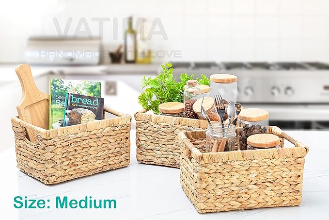 Water Hyacinth Storage Baskets with Wooden Handles, Rectangular Woven Organizer Bins for Closet, Pantry, Bathroom, or Shelves, Natural Decorative Storage Baskets for Home Organization – Set of 3