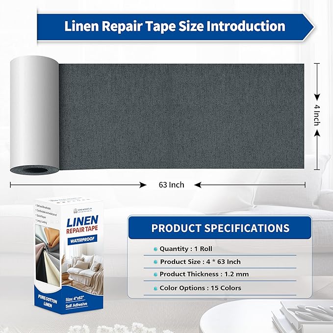 KING MOUNTAIN Linen Repair Patches, Self-Adhesive Fabric Patches, 4 X 63 inch Extra Size, Multi Color, Can be Used for Sofa Repair and Linen Clothes Repair (Charcoal Gray)