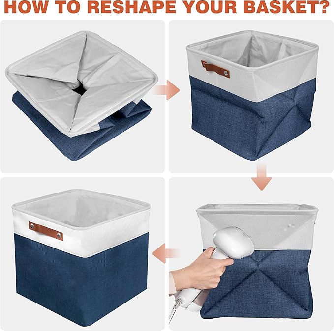 13in Open Fabric Storage Basket with Leather Handles for Organizing, Collapsible Linen Closet Bins for Shelves, Closets, Laundry, Decorative Basket for Gifts. (White＆Blue, 3PCS/13x13in)