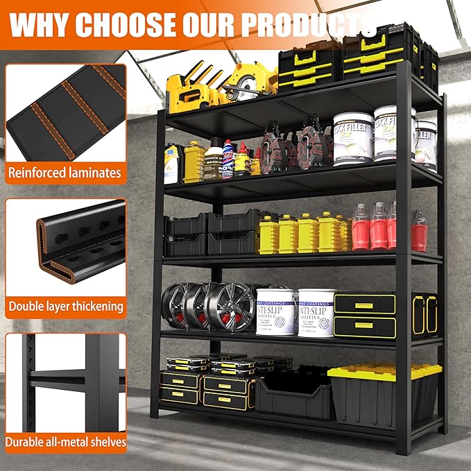 84“H Garage Shelving Heavy Duty Storage Shelves 3000 LBS Adjustable 5 Tier Metal Shelving Uints and Storage for Garage, Warehouse, Commercial, 48" W x 24" D x 84" H, 3 Packs