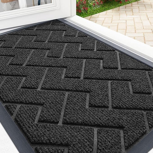 OLANLY Front Door Mat Indoor Outdoor Entrance, Waterproof All-Season, All-Weather Doormat, Sturdy Natural Rubber, Low Profile, Easy Clean Patio Porch Entryway Mat, Herringbone Brick (Black, 47x23)