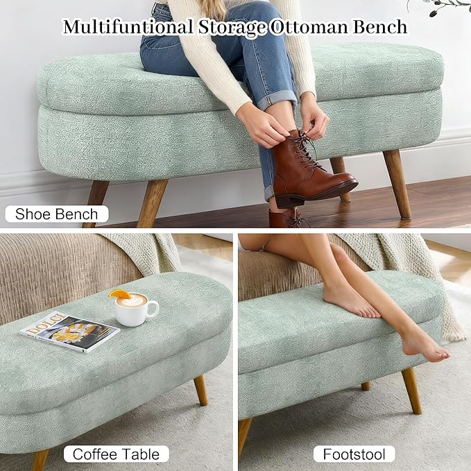 Storage Bench, 43" Storage Ottoman Bench, Shoe Storages Benches for Bedroom, Upholstered Entryway Benches with Seating, Rubber Wood Legs for Bedroom, Living Room, Entryway, Bed Side, Cyan