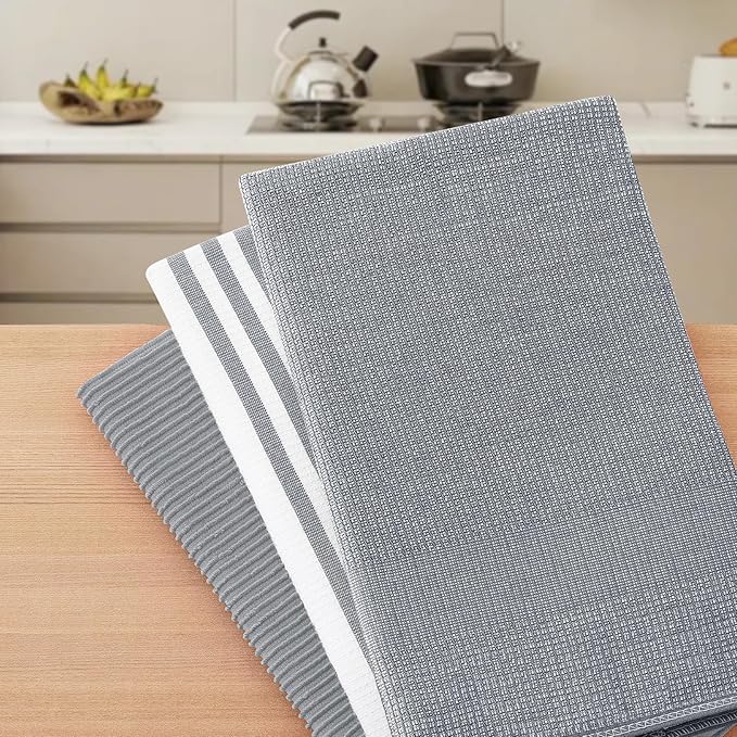 Homaxy Premium Kitchen Towels(18”x 28”, 9 Pack), Large Cotton 380 GSM Kitchen Hand Towels, Soft and Absorbent Terry Dish Towels, Multipurpose Tea Towel Set with Hanging Loop, Grey