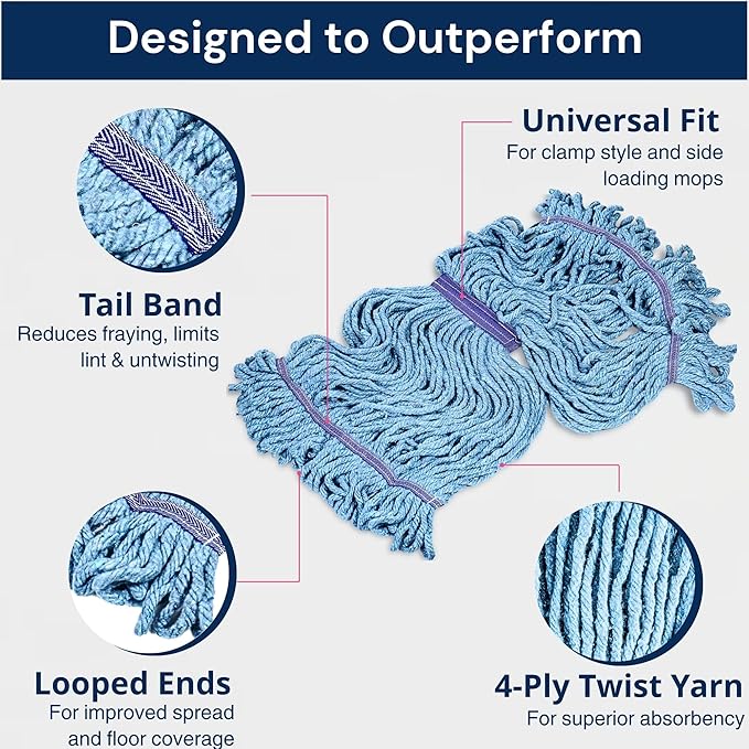 6 Packs Commercial Mop Head Replacement, Mop Heads Replacements – Heavy Duty Commercial Floor Cleaning – Super Absorbent Cotton, Durable & Washable – Ideal for Cleaning Service Companies & Homeowners