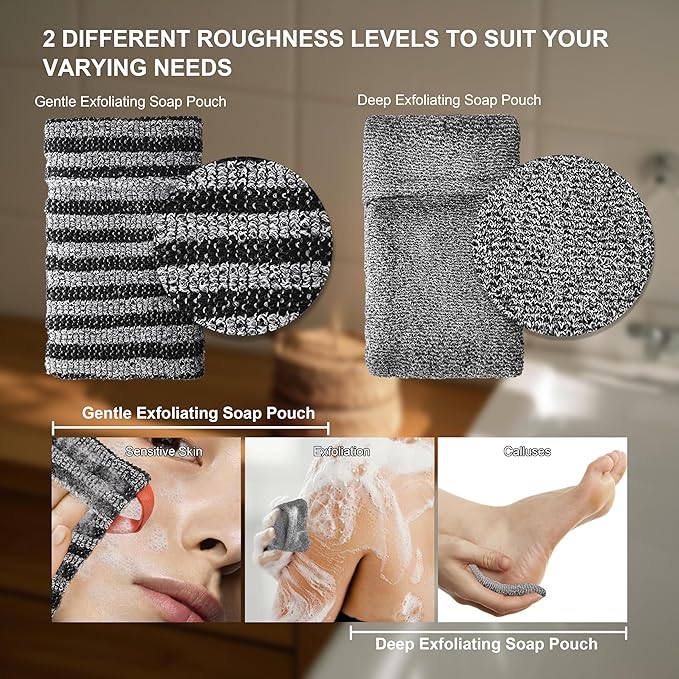 2 Pack Soap Bag Different Roughness Deep and Gentle,Bar Soap Pouch Saver Pocket,Exfoliating Body Scrubber Shower Bath Sponge Loofah (Grey)