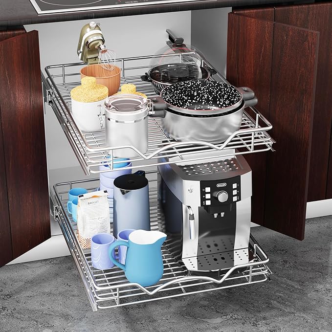 HOLDN’ STORAGE Two Tier Pull Out Cabinet Organizer, Individual Sliding Drawers - Heavy Duty Metal with Lifetime Limited Warranty - Anti Rust Chrome Finish - 8.5" W x 21”D x 16.5" H