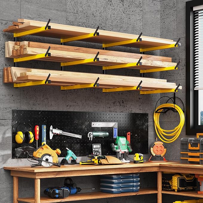 GREENER Lumber Storage Rack Folding Wood Storage Racks Wall-Mounted Metal Racks for Storage with 3-Level Heavy Duty Garage Wood Organizer for Woodworking Shop Indoor & Outdoor Use, 2 pairs,Yellow